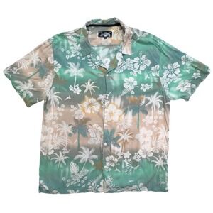 Good Vibes Mens XL Tropical Hibiscus Palm Tree Rayon Aloha Camp Shirt Green Tan